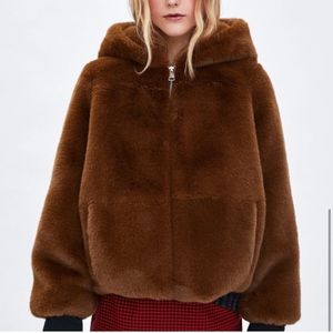 ZARA BROWN FUZZY ZIP UP COAT